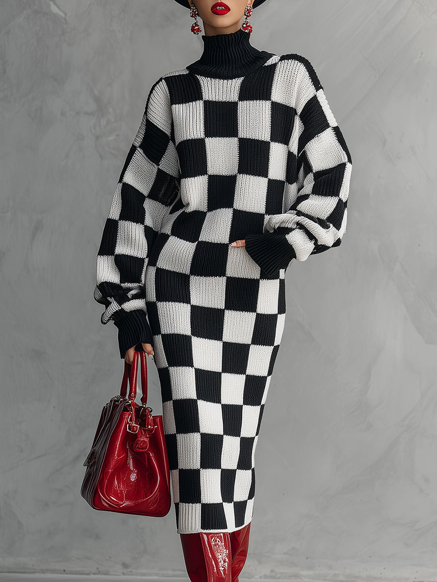 Robe Midi Tricotée à Motif Carreaux Noir et Blanc : Élégance Rétro et Tendance