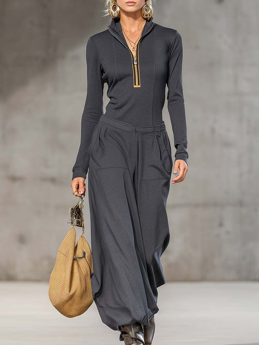 Ensemble Sportif Rétro en Gris Foncé avec Col Mi-Haut, Zip Avant et Pantalons Amples