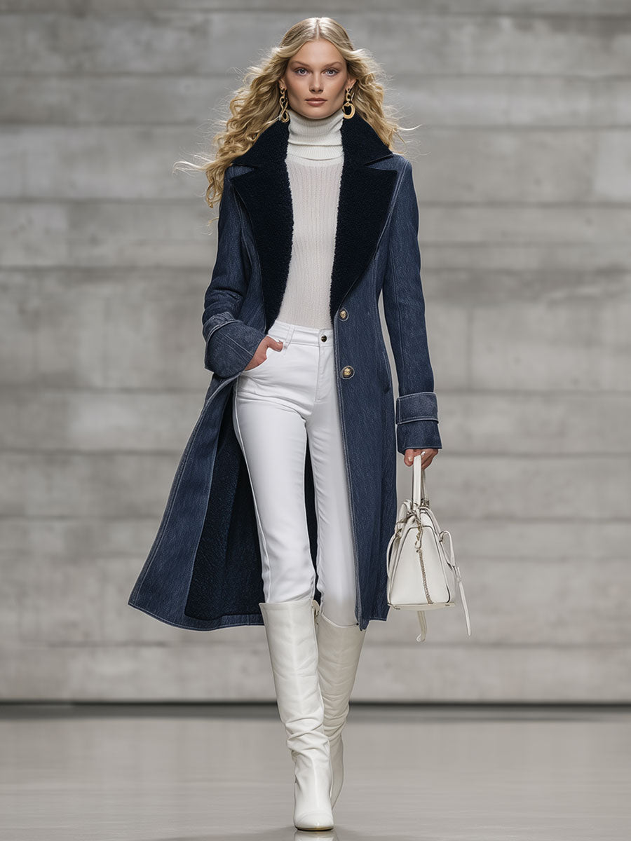 Veste en Denim Bleu Marine Vintage avec Doublure en Polaire