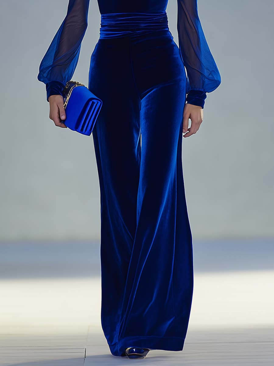 Élégante Combinaison Vintage en Velours Bleu Royal avec Manches Longues et Décolleté en V