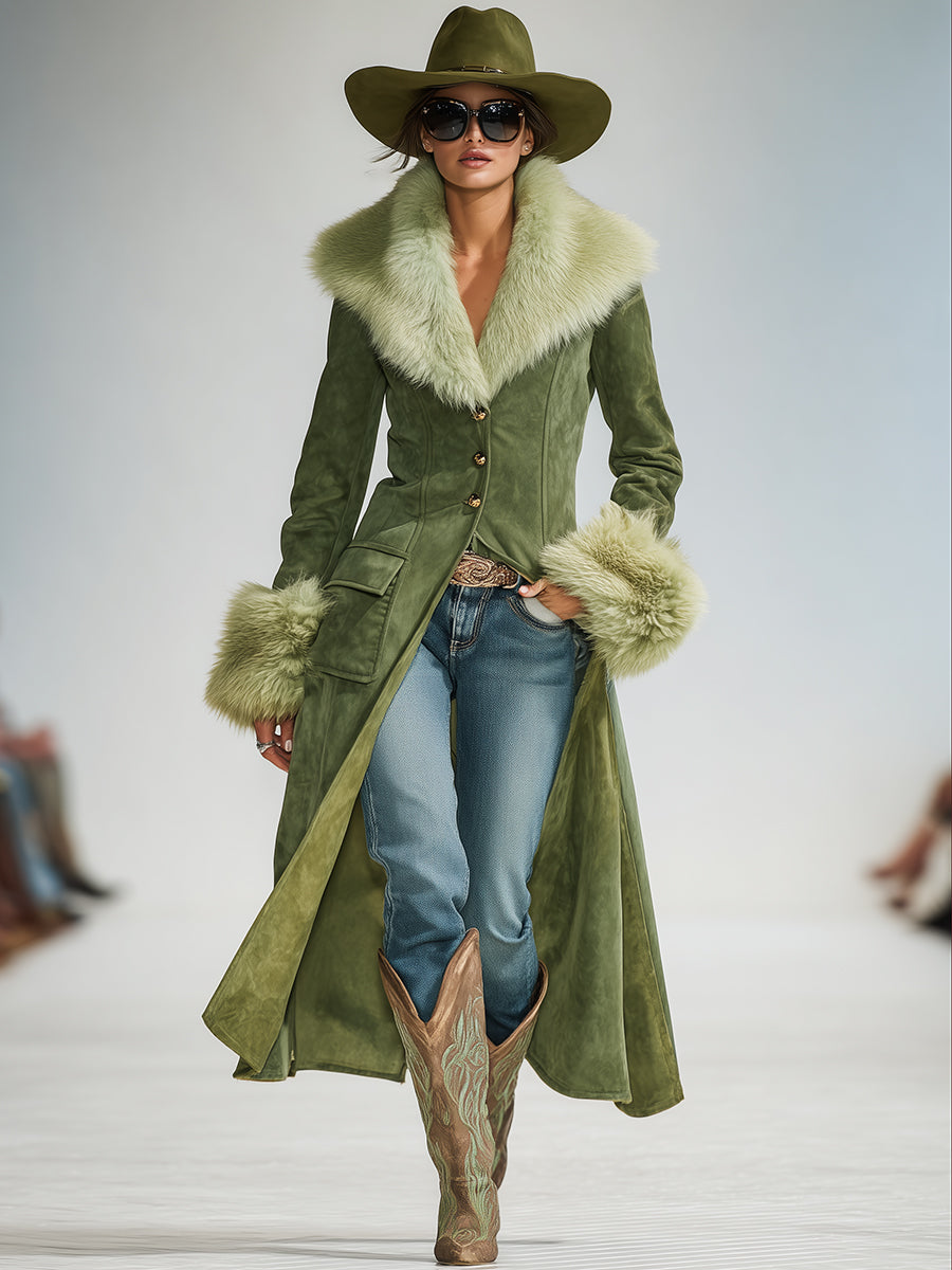 Veste Vintage en Suède Synthétique Verte avec Col en Fausse Fourrure