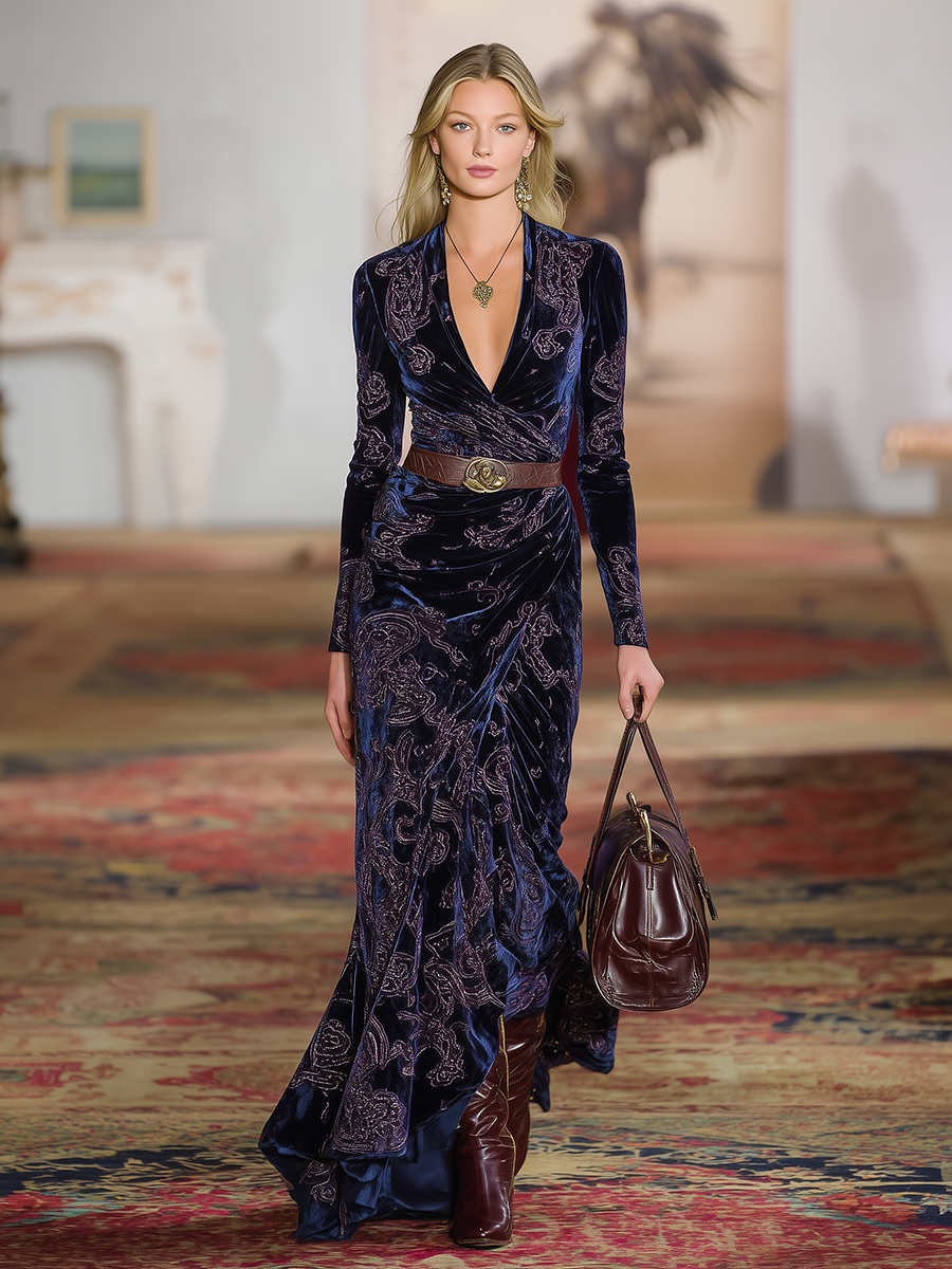 Robe Maxi Velours Rétro Western à Col V et Manches Longues