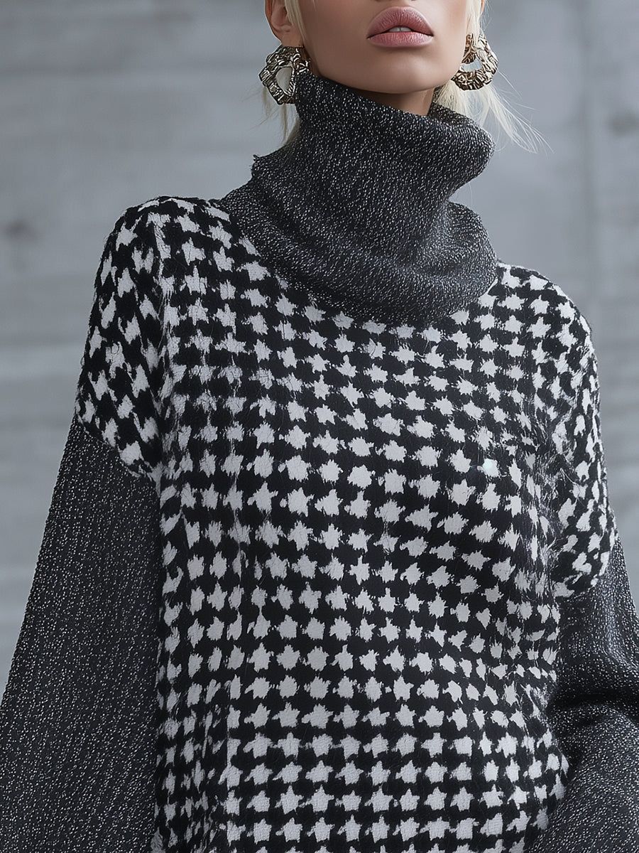 Élégante Robe Mini en Tricot Houndstooth Grise avec Col Montant