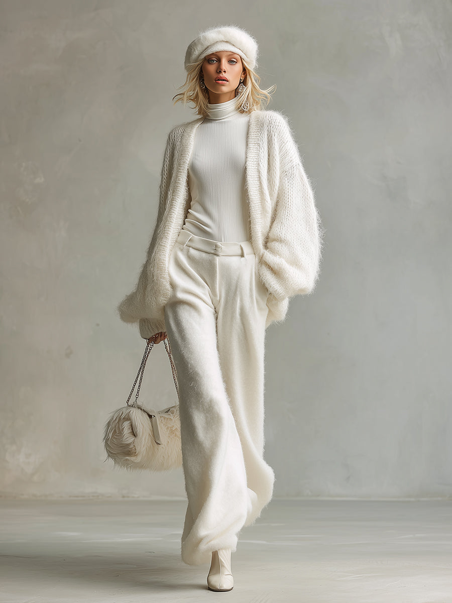 Ensemble Élégant en Laine Tricotée : Cardigan Long Blanc et Pantalon à Jambes Larges