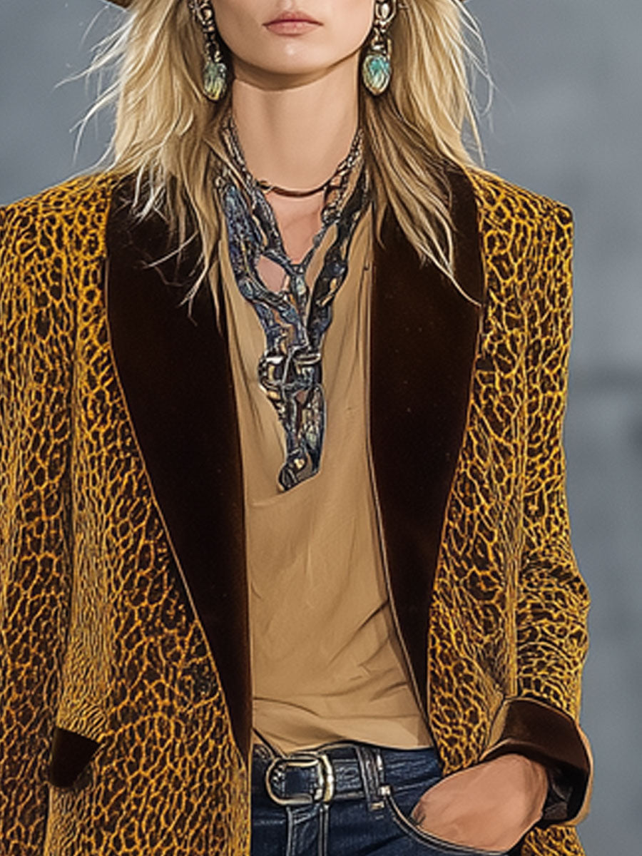 Veste Vintage en Velours Doré avec Imprimé Léopard