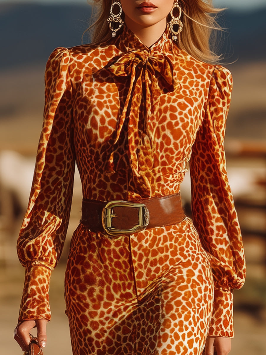 Robe Maxi Rétro en Velours Léopard Orange avec Volants Chic