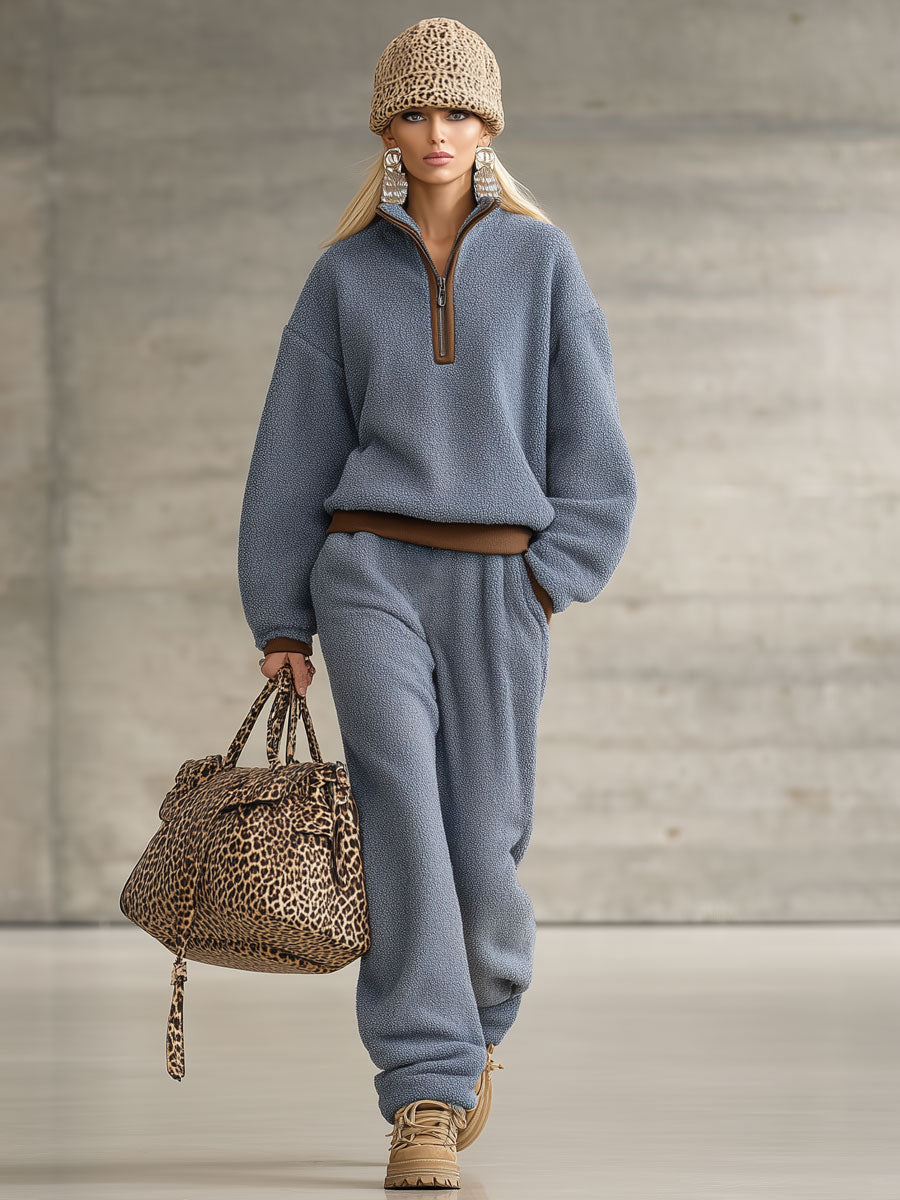 Veste Zippée en Polaire Bleue avec Détails Marron Rétro
