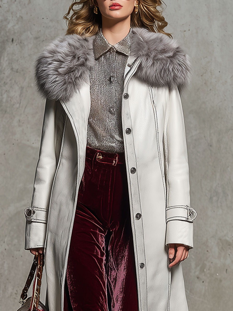 Veste Longue en Simili Cuir Blanc avec Col en Fourrure Vintage Chic
