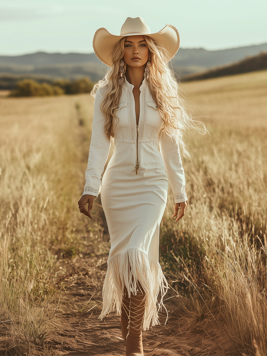 Robe Maxi Western Vintage en Faux Denim Écru avec Franges et Demi-Zip - Manches Longues