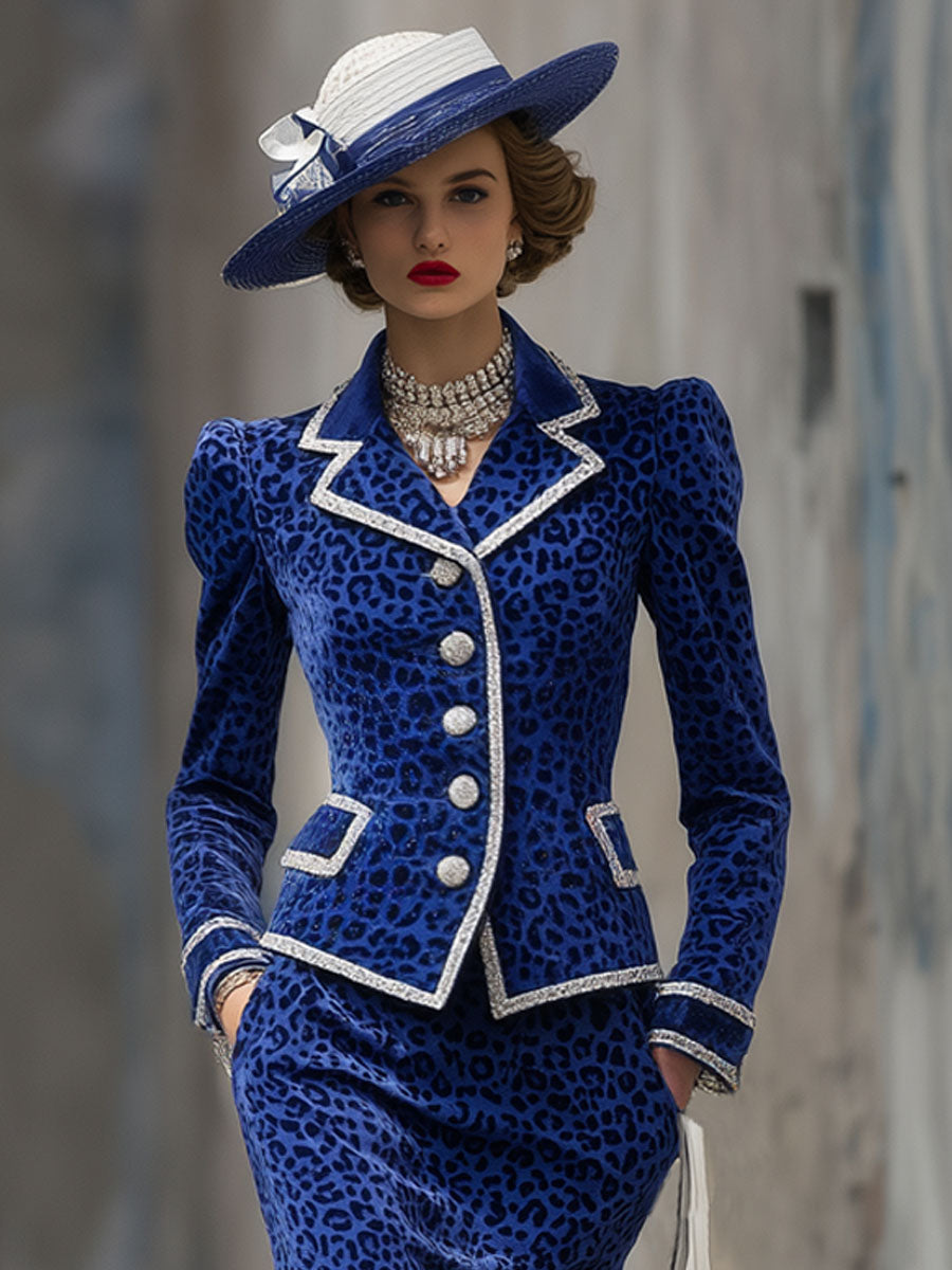 Ensemble Élégant en Velours Léopard avec Jupe à Revers