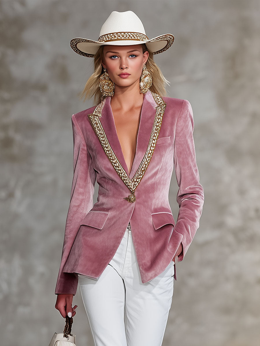 Veste en velours rose décontractée à bouton unique