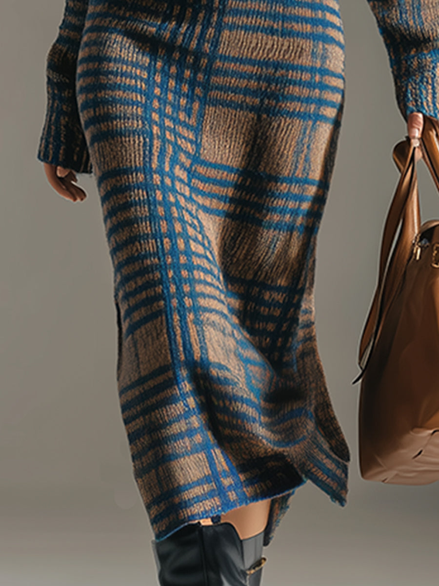 Élégante Robe Midi Tricotée V-Neck à Carreaux Bleu Kaki au Style Rétro