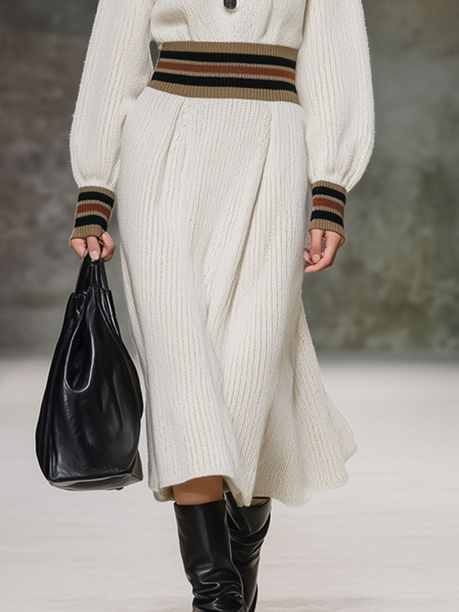 Robe Midi Rétro Striée en Tricot Blanc - Style Décontracté