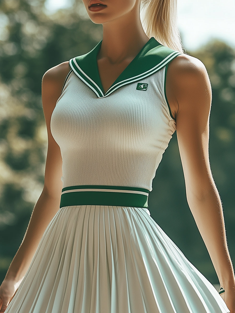 Robe Mini Sans Manches à Rayures Vertes et Blanches - Style Préppy, Expédition Rapide en 24 Heures !