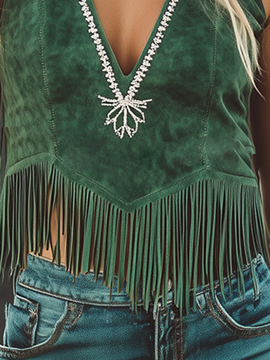 Veste Vintage en Suède Vert Émeraude avec Broderies Élégantes et Franges - Expédition en 24 Heures !