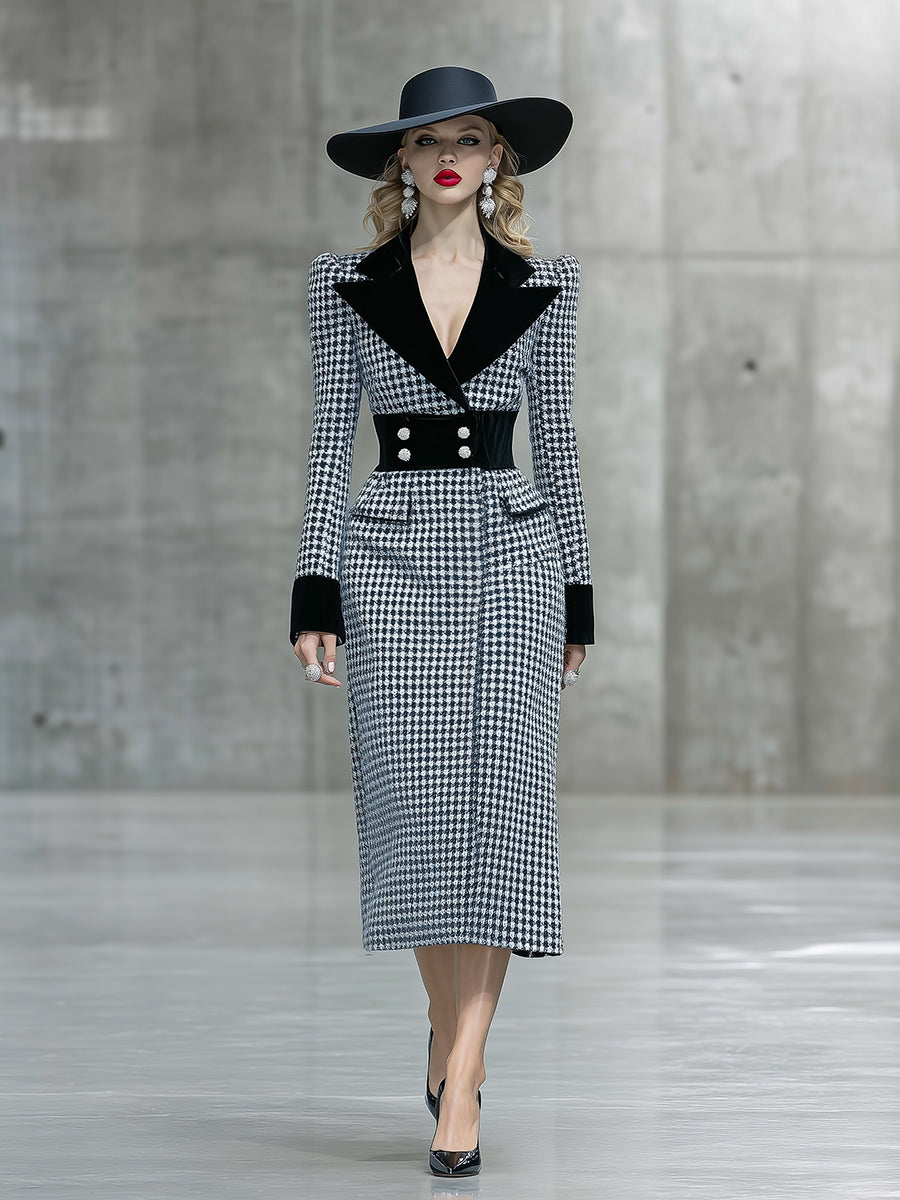 Robe Midi Houndstooth Élégante avec Col en Velours Noir – Un Must-Have Tendance