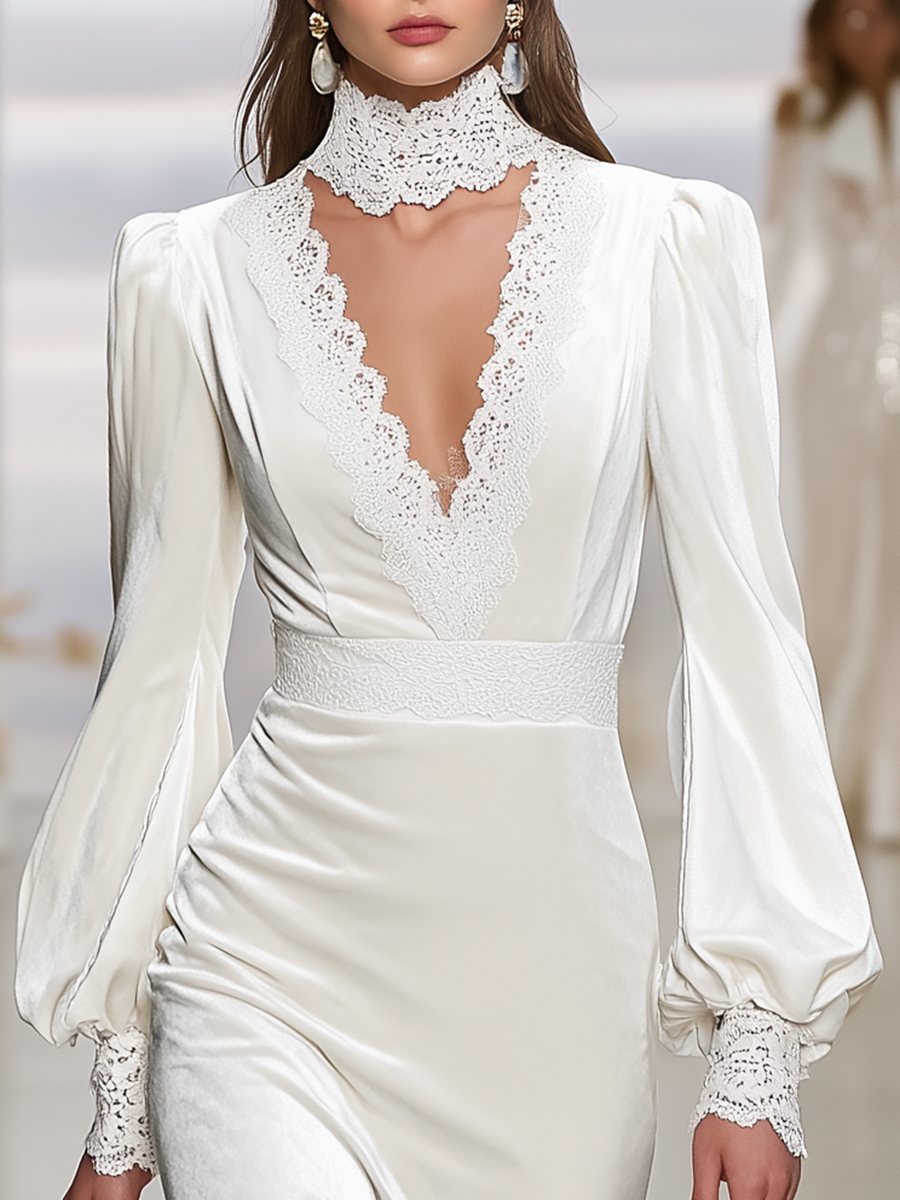 Robe Maxi en Velours avec Manches Lanternes et Élégante Dentelle Rétro