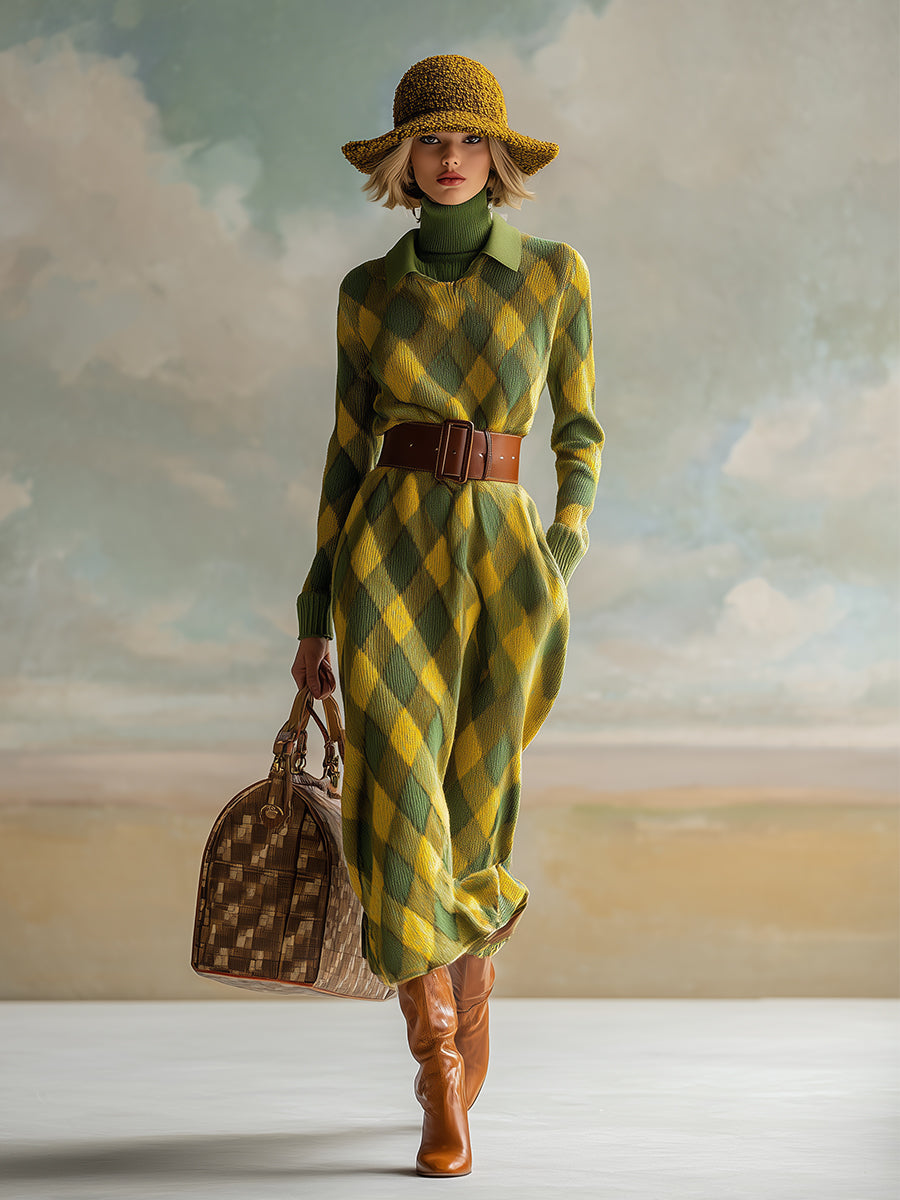 Robe Maxi Tricotée à Motif Carreaux Jaunes et Verts avec Détails Rétro Urbains