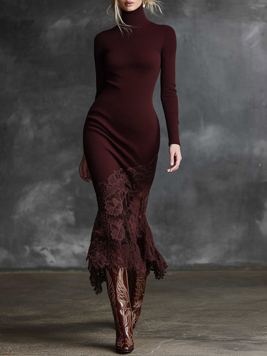 Robe Maxi Bordeaux en Tricot avec Ourlet en Dentelle : Élégance et Simplicité