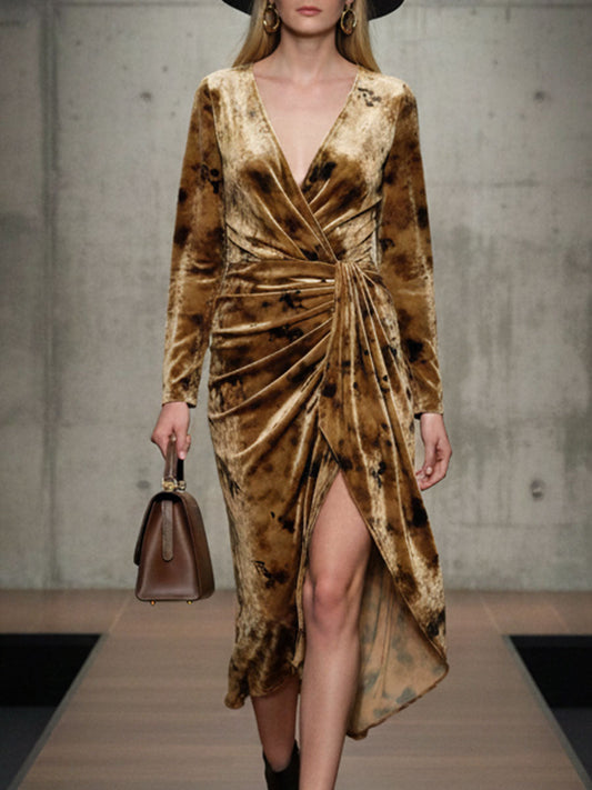 Robe Midi Vintage en Velours Imprimé Caramel : Élégance et Charme Retro