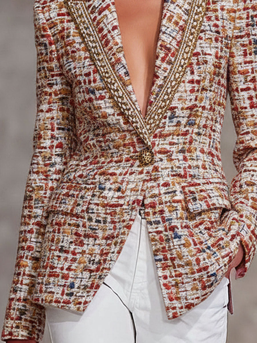 Veste en Tweed Coloré avec Revers Élégants, Détail en Ruban Contrastant et Bouton Unique