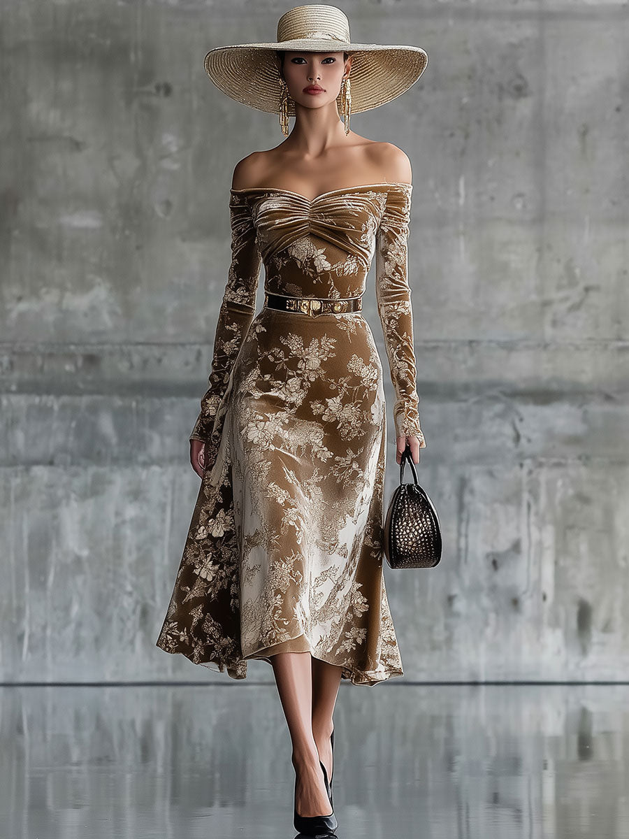 Robe Midi Rétro en Velours Imprimé Caramel