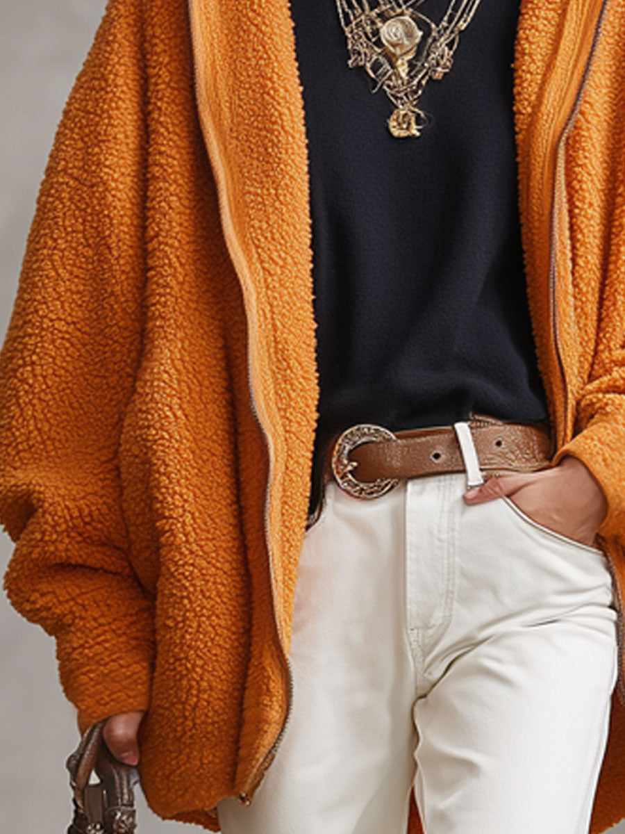 Veste Polaire Zippée à Capuche en Orange Éclatant