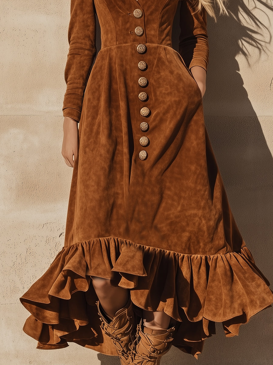 Robe Maxi en Faux Suède Caramel avec Volants et Détails Vintage