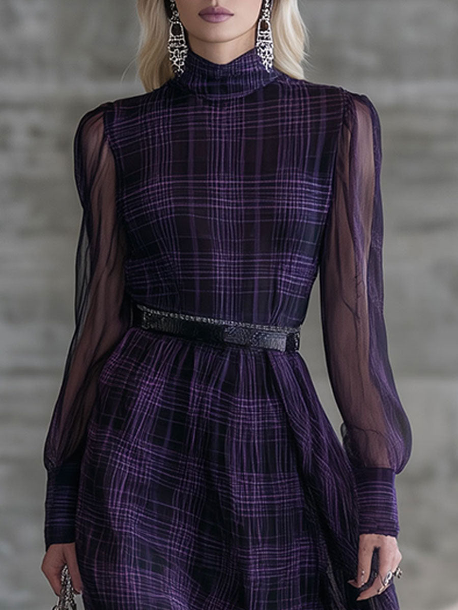 Robe Maxi Vintage Violet en Organza et Coton à Carreaux avec Col Roulé et Manches Longues