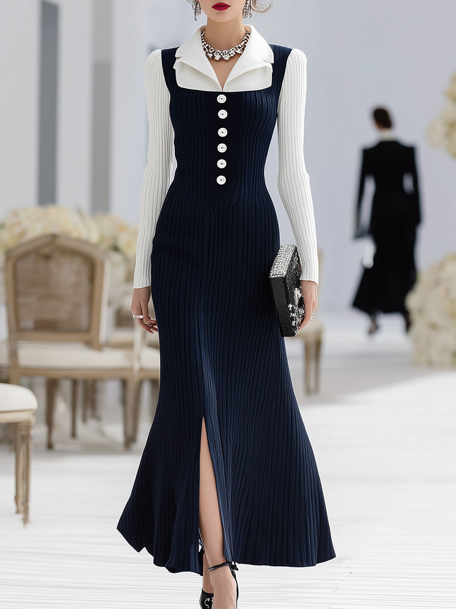 Robe Maxi à Boutons Fendue - Ensemble Élégant Bleu et Blanc