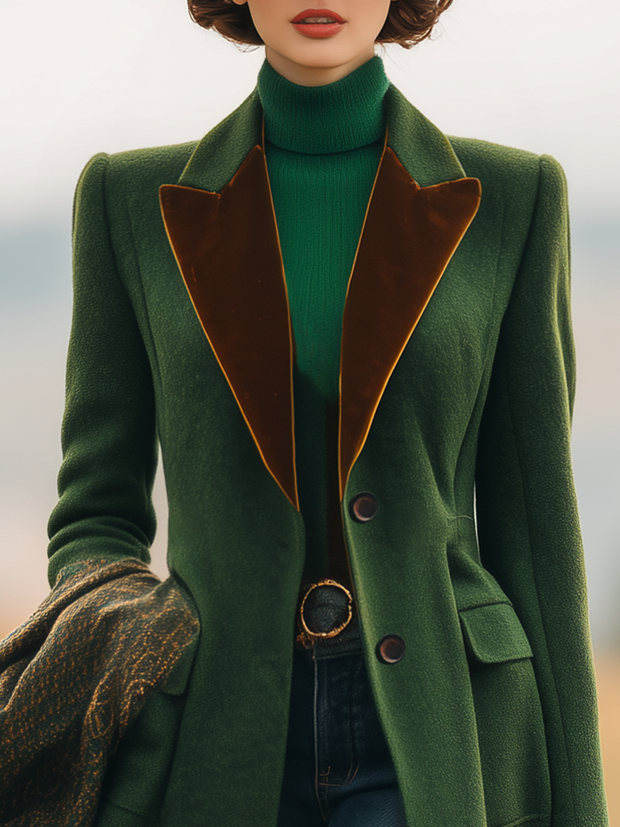 Chic Manteau Long en Laine avec Revers Contrasté - Style Rétro Élégant
