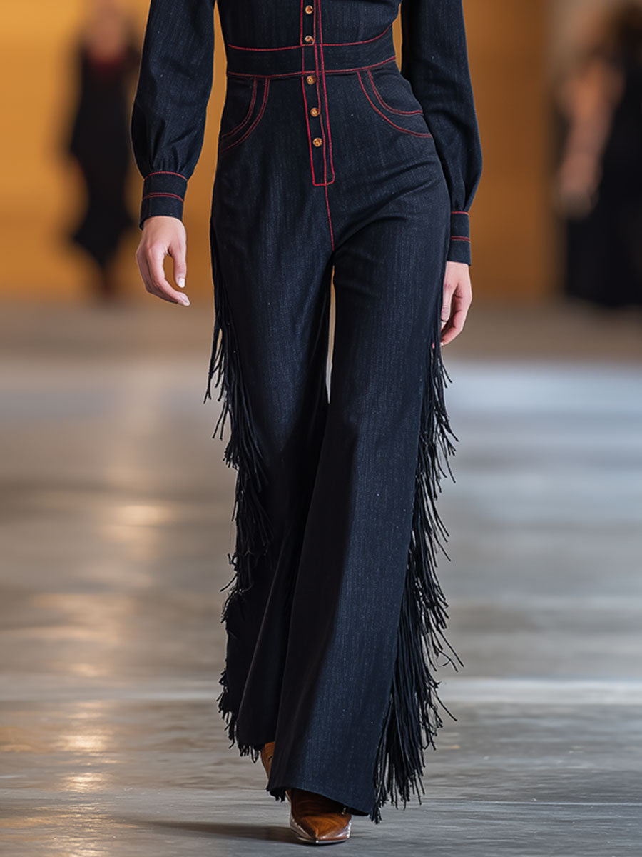 Combinaison Rétro en Denim Marine avec Franges et Surpiqûres