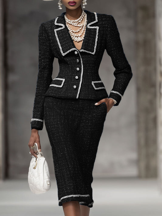 Ensemble Chic : Veste à Revers Élégant et Jupe en Tweed - Costume Deux-Pièces