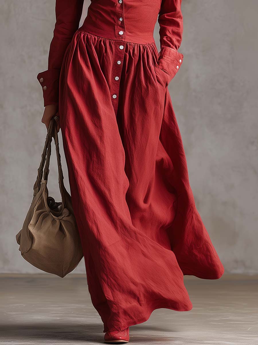 Robe Maxi Élégante en Coton et Lin Rouge - Style Veste de Vent avec Détails à Boutons
