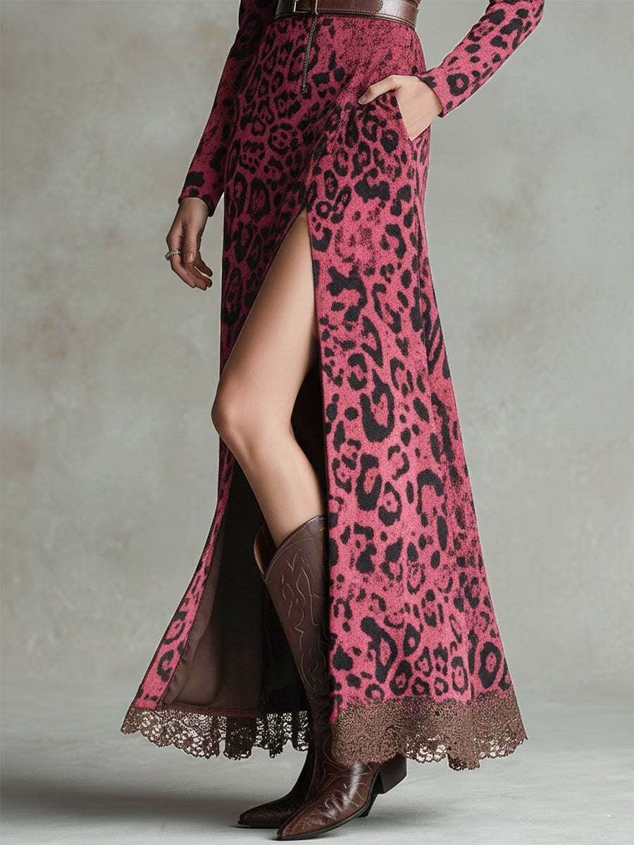 Robe Maxi en Suédine Imprimé Léopard Rose avec Ourlet en Dentelle Vintage Style Western