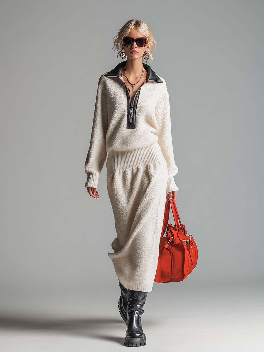 Robe Maxi en Polaire Écrue avec Accents en Cuir et Fermeture Éclair Demi-Zippée