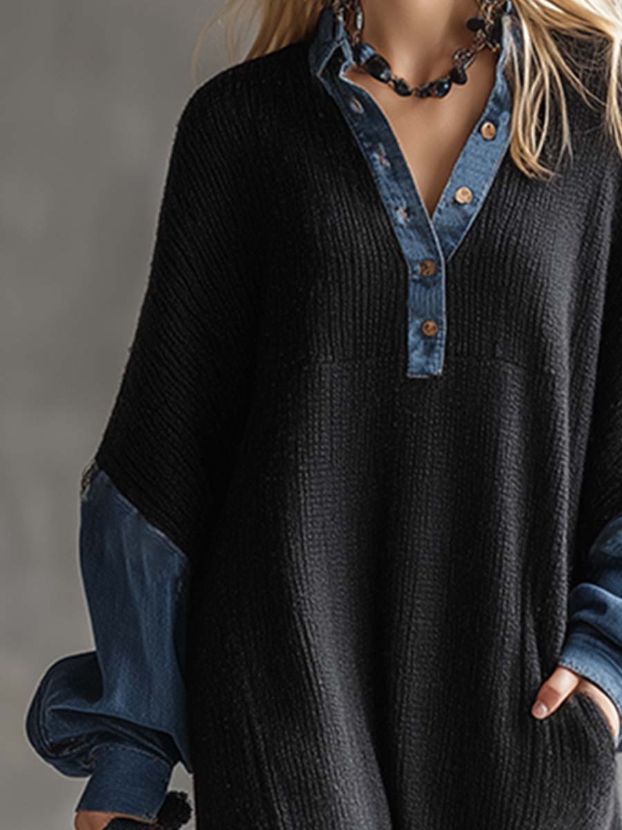 Robe Maxi Noire Tricotée Décontractée avec Accents en Denim