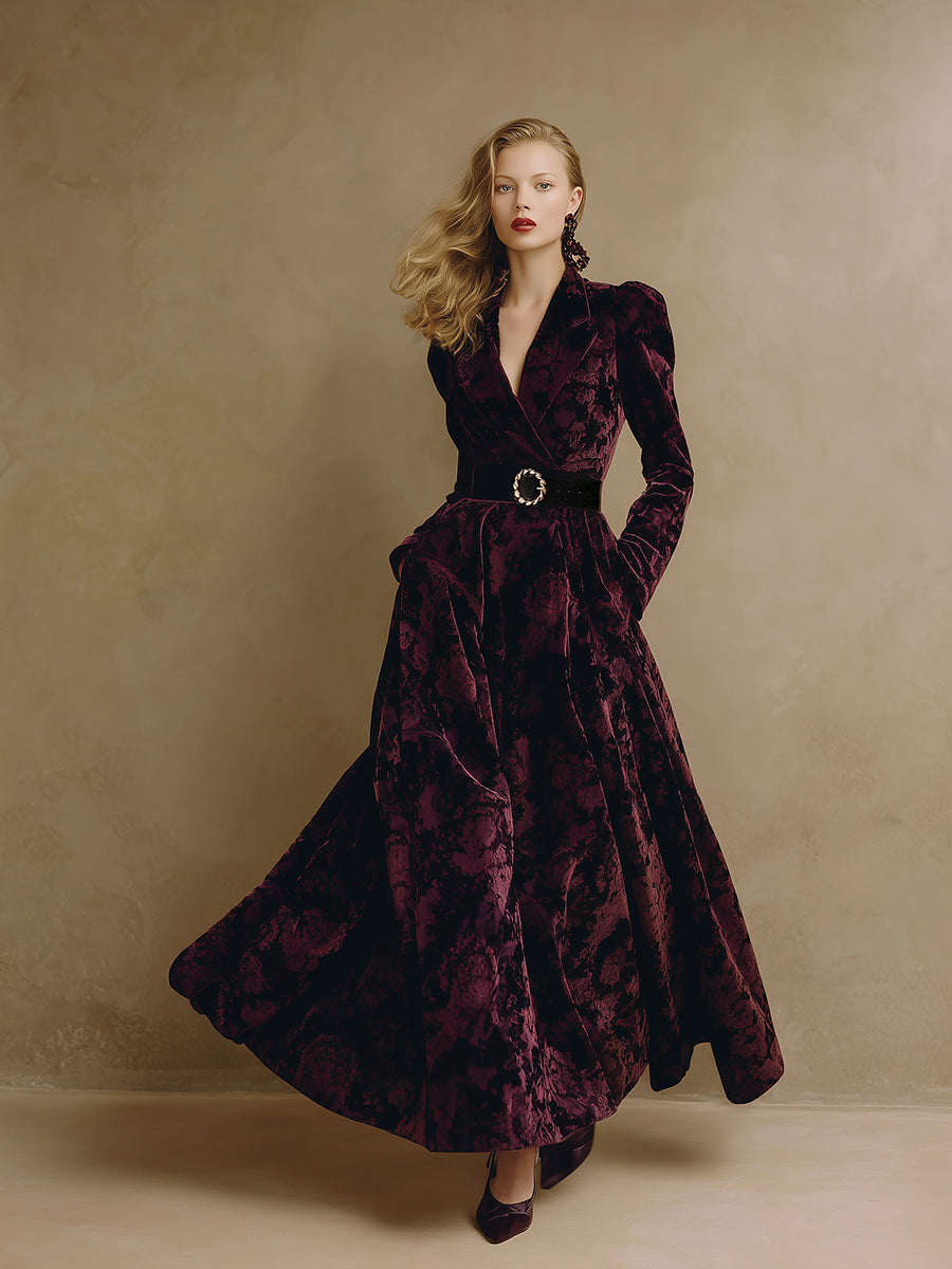 Robe Maxi en Velours Jacquard Bordeaux Élégante