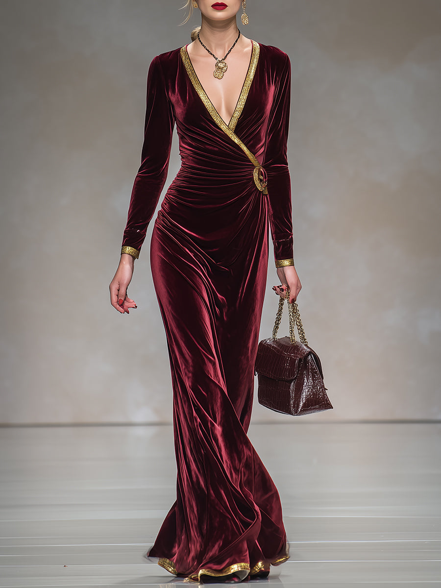 Robe Maxi en Velours Bordeaux avec Décolleté en V et Détails Dorés – Élégance Suprême