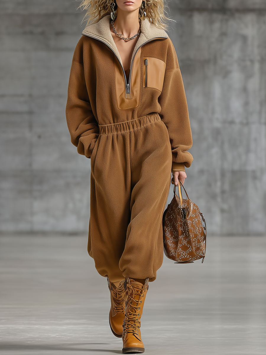 Combinaison Zippée en Polaire Double Face Camel - Style Rétro et Confort Décontracté