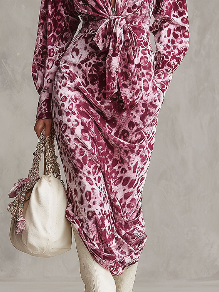 Robe Midi en Velours à Imprimé Léopard avec Demi-Zip