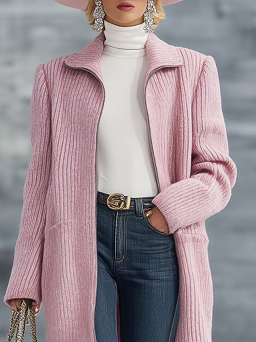 Cardigan Zippé Rose Rétro en Tricot