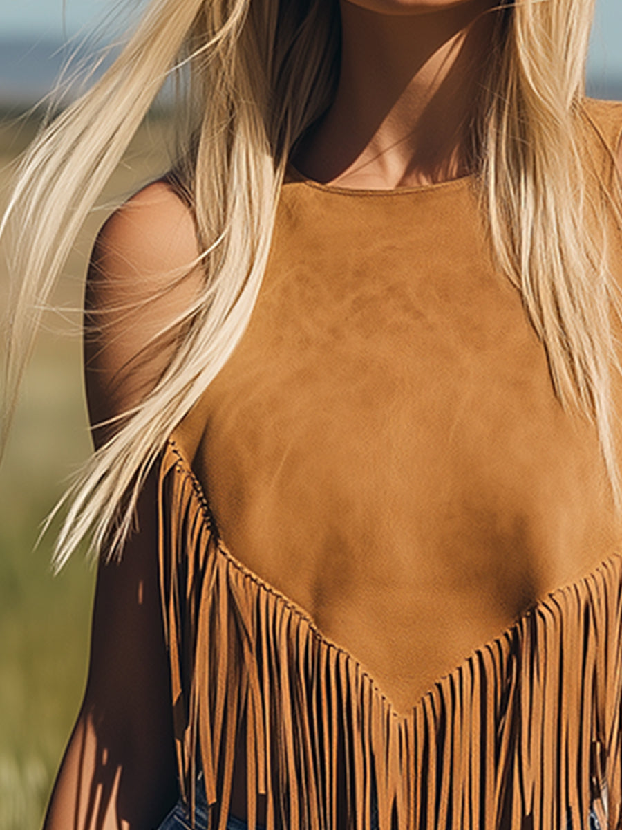 Veste sans manches en daim caramel vintage avec franges - Expédition rapide sous 24 heures !