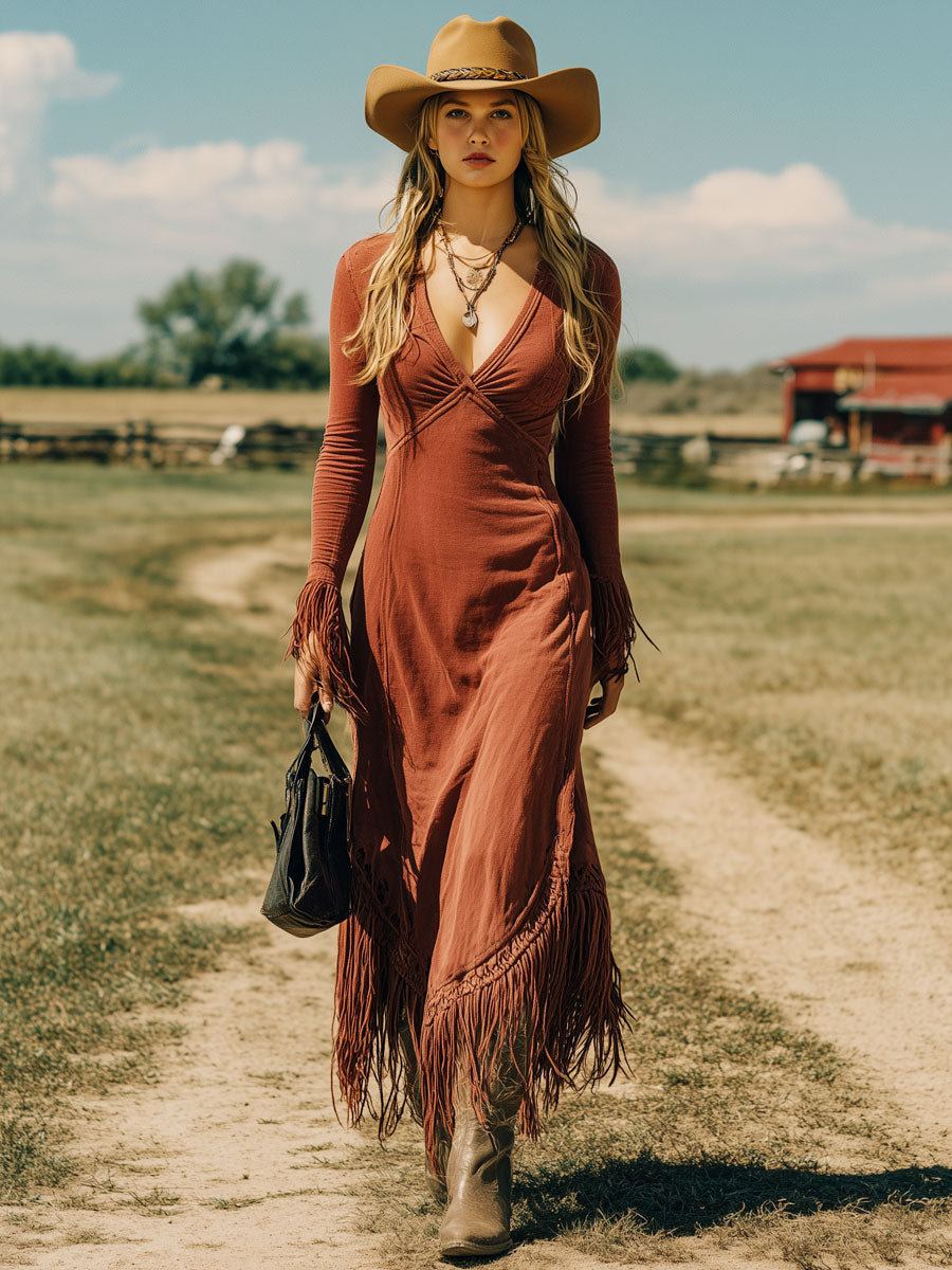 Robe Maxi Vintage en Coton Rouge Brique à Manches Longues et Franges