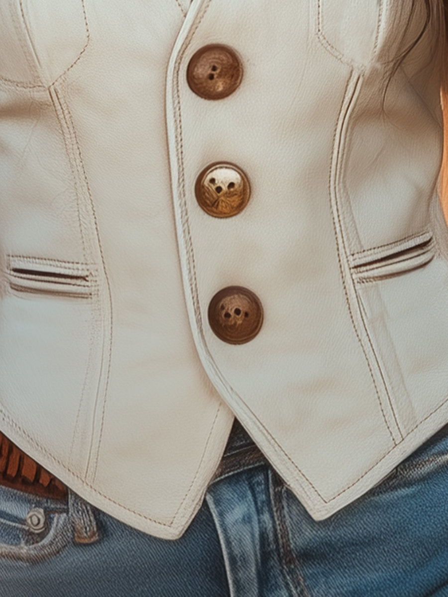 Veste en Suède Blanche Premium avec Boutons Dorés - Expédition Rapide sous 24 Heures