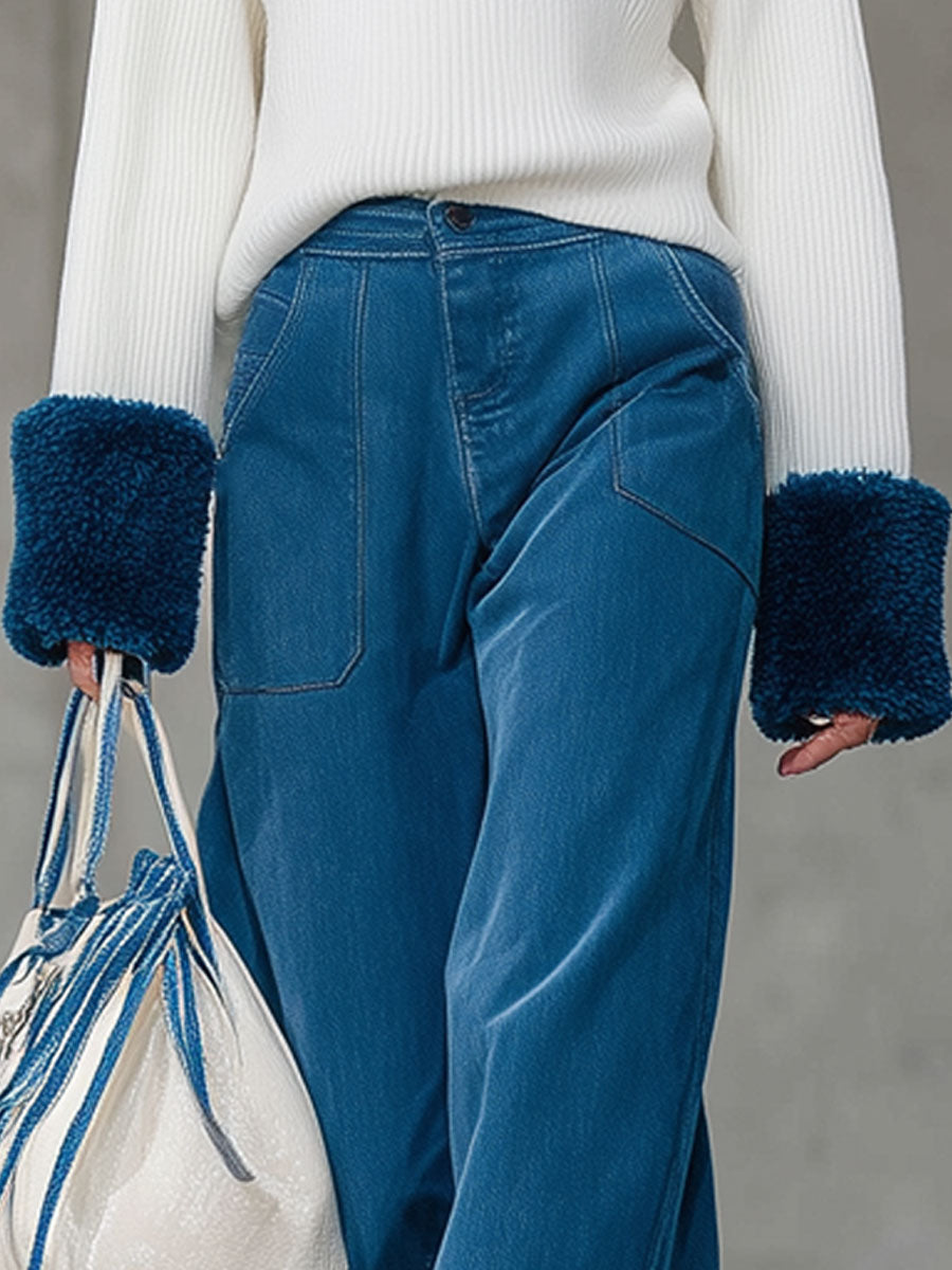 Jean Vintage Bleu Décontracté en Polaire - Coupe Largement Retroussée