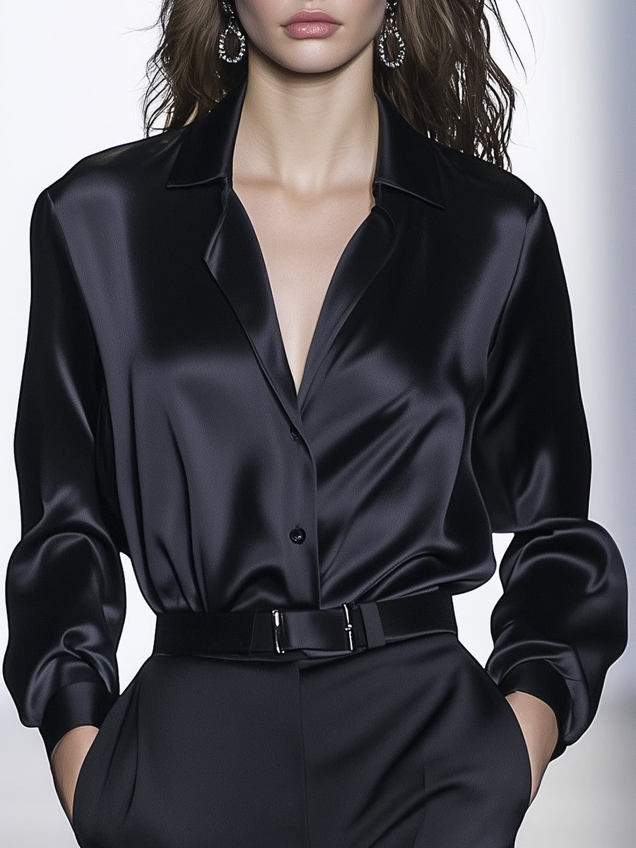 Chemise Longue en Satin Noir - Élégance Haut de Gamme
