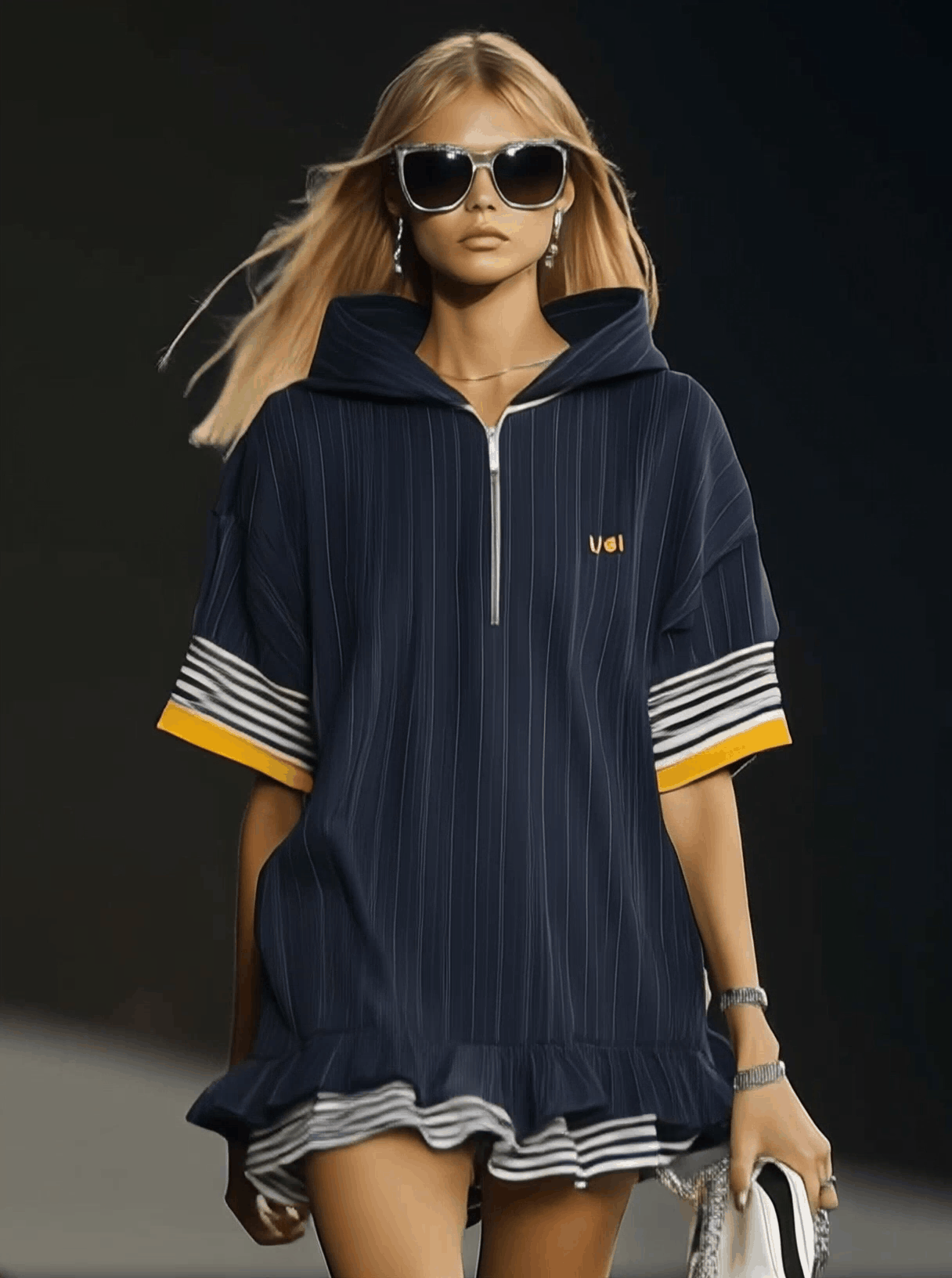 Robe Hoodie Ultra-Large à Zip - Mini Style Décontracté avec Manches Courtes et Ourlet Volanté en Bleu Marine - Expédition Rapide sous 24h