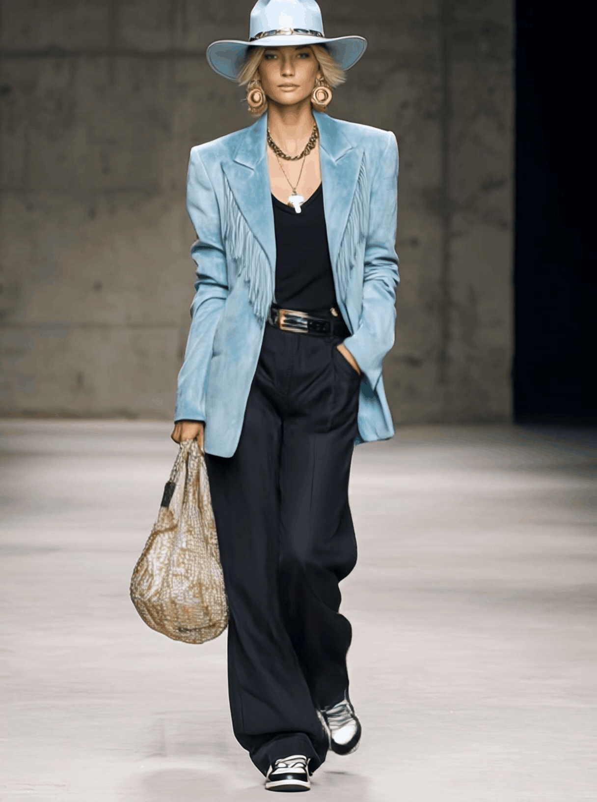 Veste en Suède Bleu Clair au Style Vintage Western avec Franges Élégantes