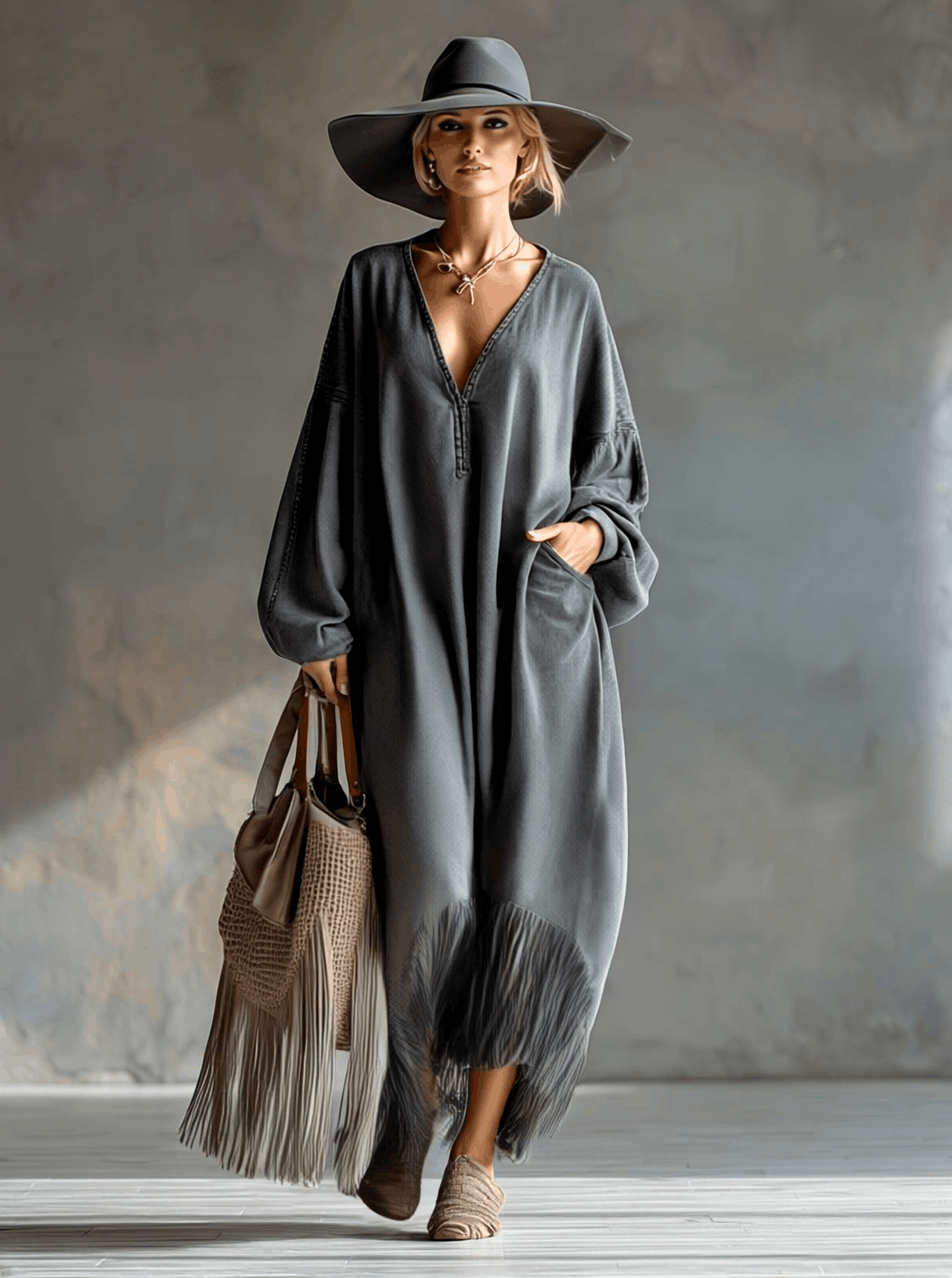 Maxi Robe en Denim Gris Élégante avec Franges Chic